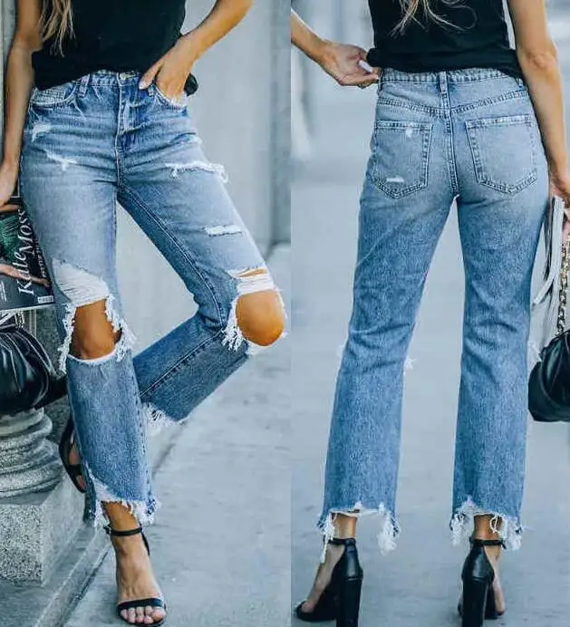 

Women's Jeans Pencil Pants Ripped Slim Fit Elastic Holes Raw Edge Beggar Pants