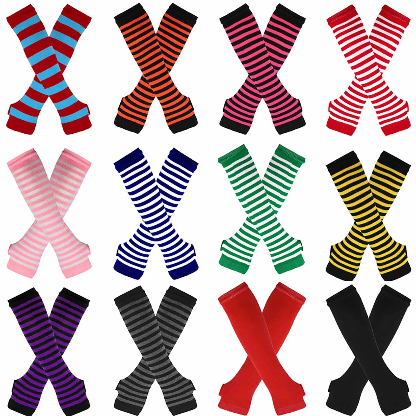 Fingerless Gloves Long Arm Cover Striped Knitted Wristband