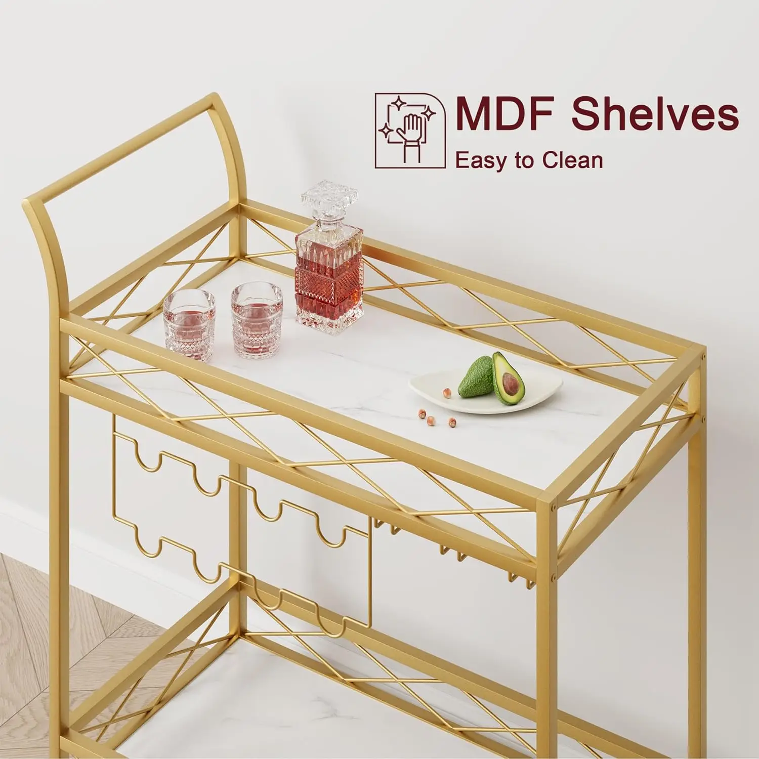 Gold Bar Cart, 2 Tier Bar Carts for The Home, Bar Carts with 4 Wheels, White Marble Finish Wood Shelf, Wine Rack & Glass Holder