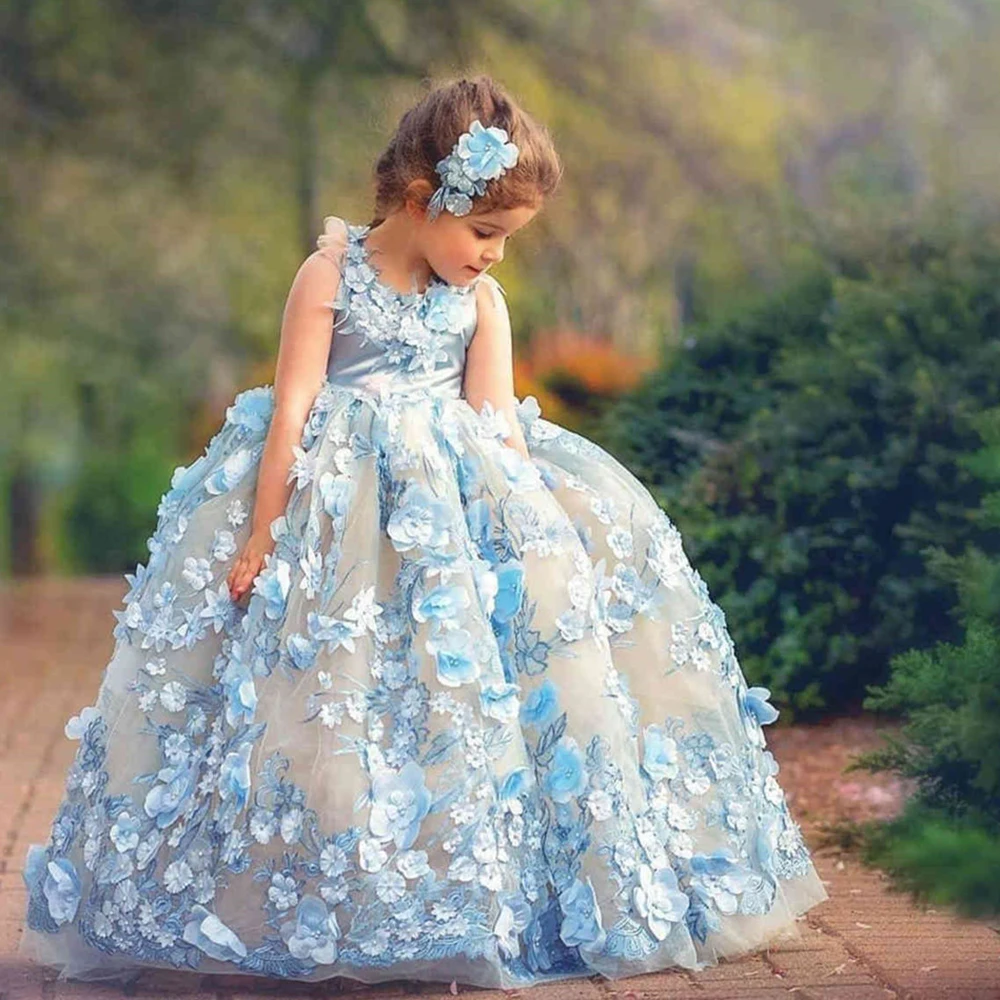 

Ball Gown Princess Flower Girl Dresses For Wedding 3D Floral Appliqued Toddler Pageant Gowns Floor Length Plffy Tulle