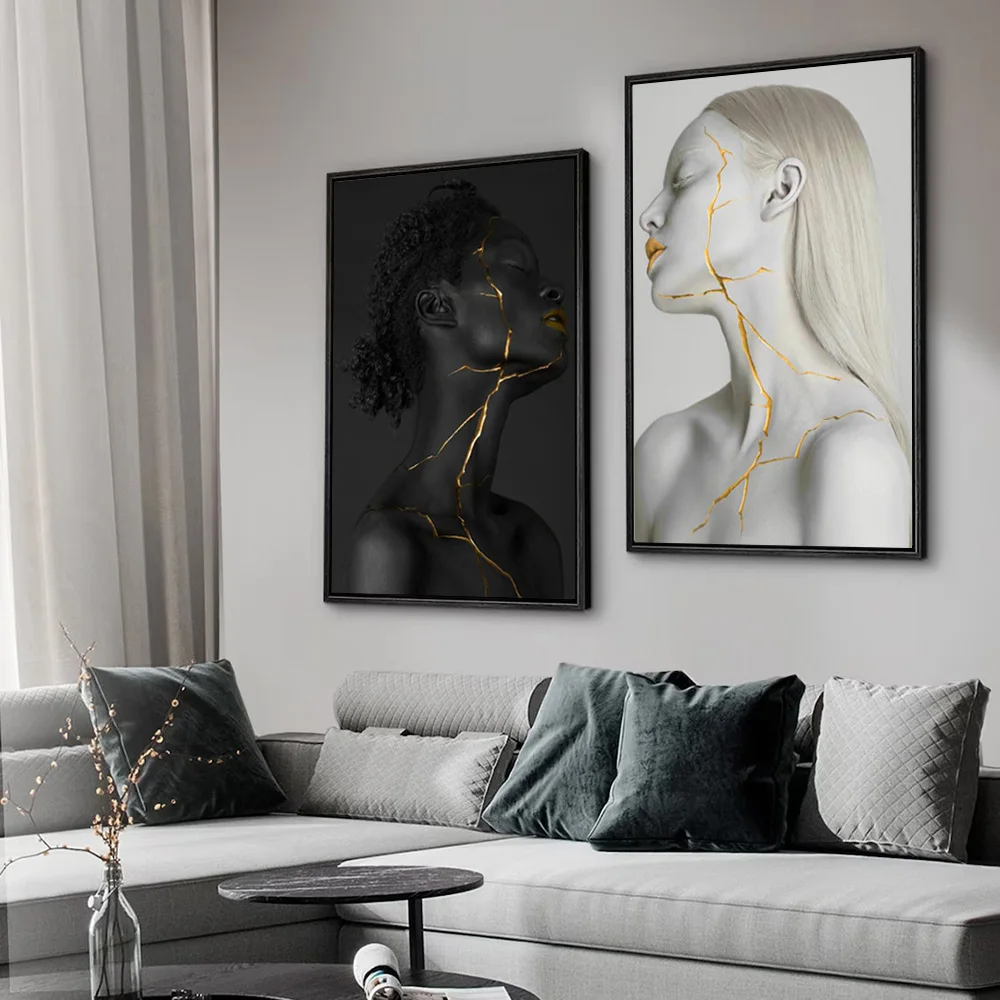 

Black And White Woman Portrait Art Prints Canvas Wall Decor Golden Scar Crack Posters Fashion Nude Girl Giclee Painting Tableau