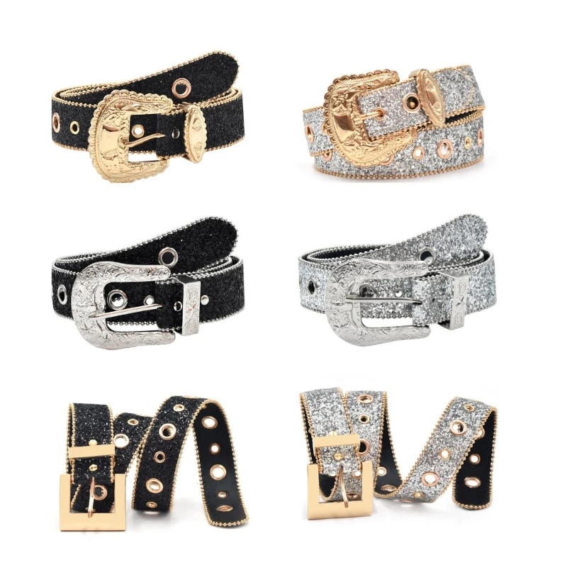 

Relief Pattern Buckle Belt for Adult Full Sequins Belt for Jeans Cowboy Cowgirl Dropship