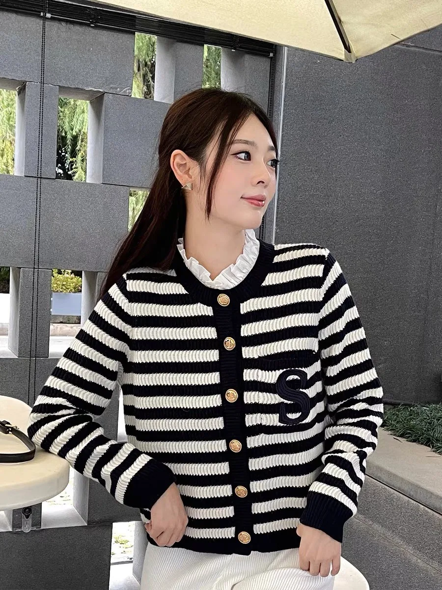 여성용 스트라이프 니트 스웨터, 우아한 작업복, 가디건 상의, 긴팔 O넥 싱글 브레스트 코트, 빈티지 점퍼, 2024 가을