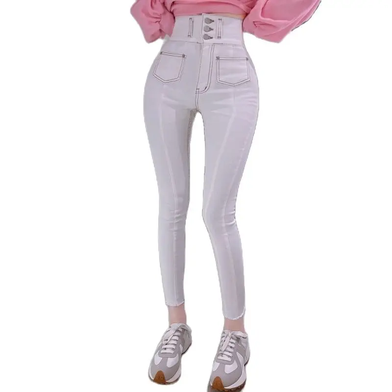 New Temperament White Women Jeans Slim Waist Buttons Strechy Hem Cotton Elastic Lady Fashion Jeans