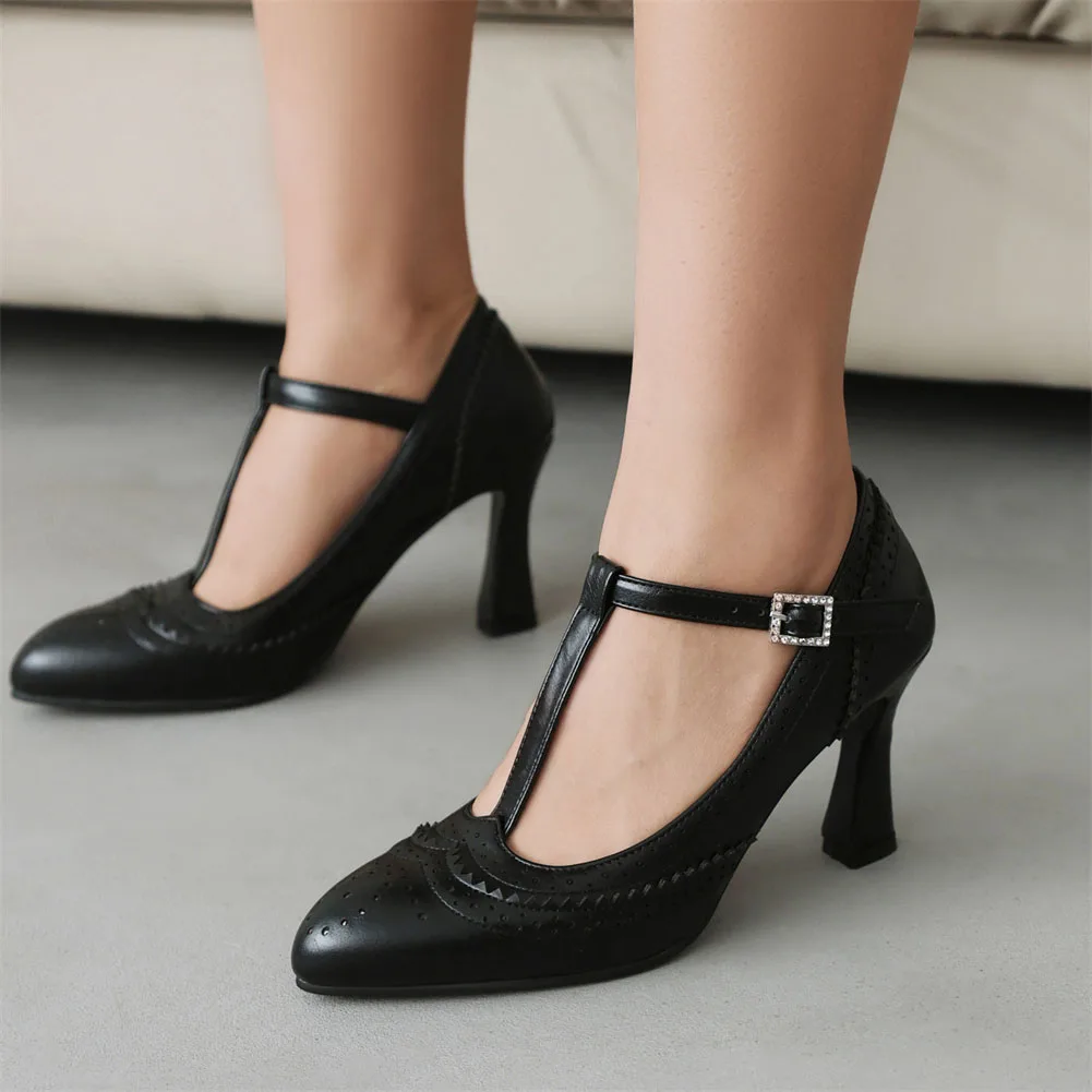 Big Size 43 New Ladies Mary Janes Brogue Pumps Fashion Buckle Solid Thick High Heels women's Pumps Party Office Sexy Woman Shoes