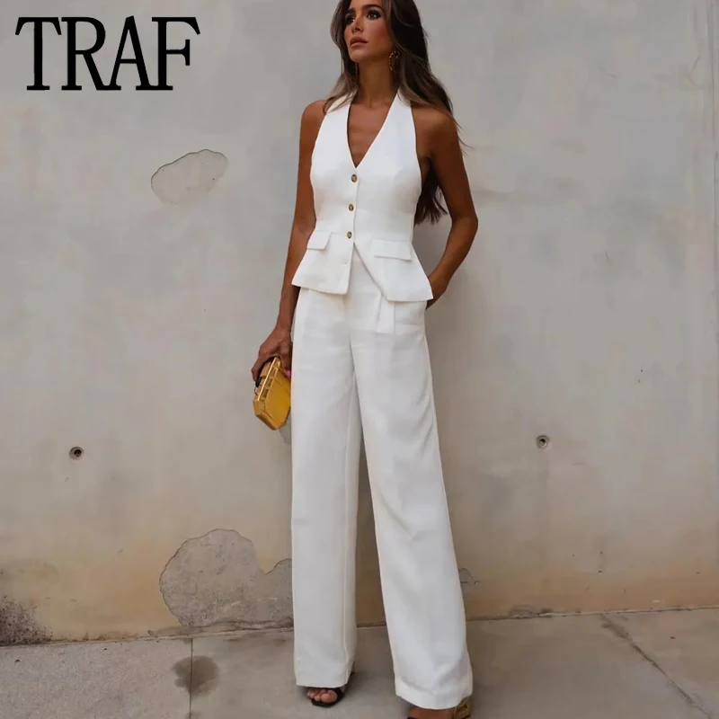 TRAF 2023 White Wide Leg Pants Women Office Wear Chic And Elegant Woman Pants High Waist Baggy Pants Woman Streetwear Trousers