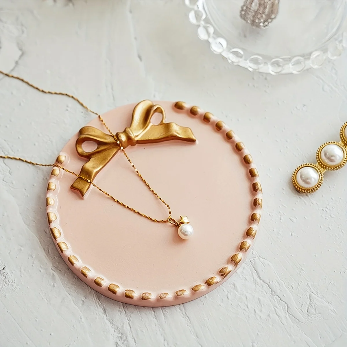1PC Bowknot Jewelry Display Storage Tray, Decoration Round Tray For Necklace, Earrings, Household Candle Storage Tray