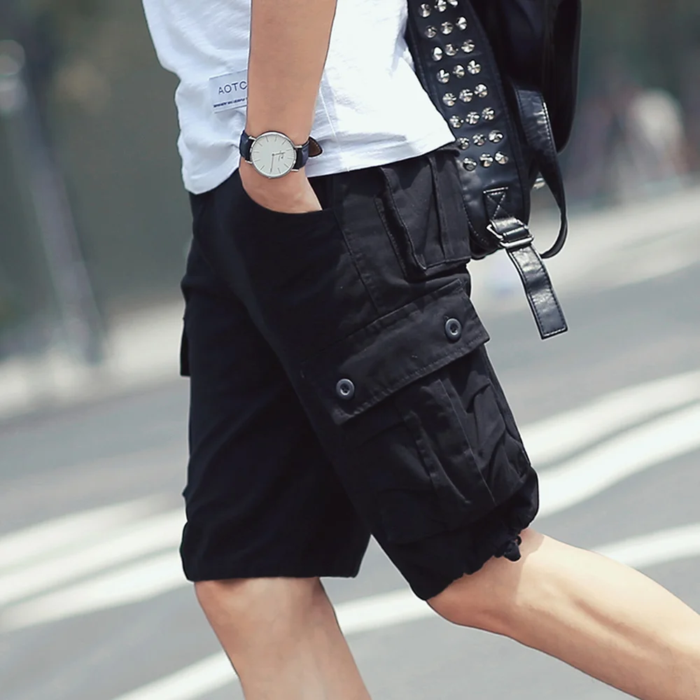 Khaki Cargo Shorts Men Summer Streetwear Bermuda Shorts Knee Length Cotton Trousers With Pockets Japan Style Short