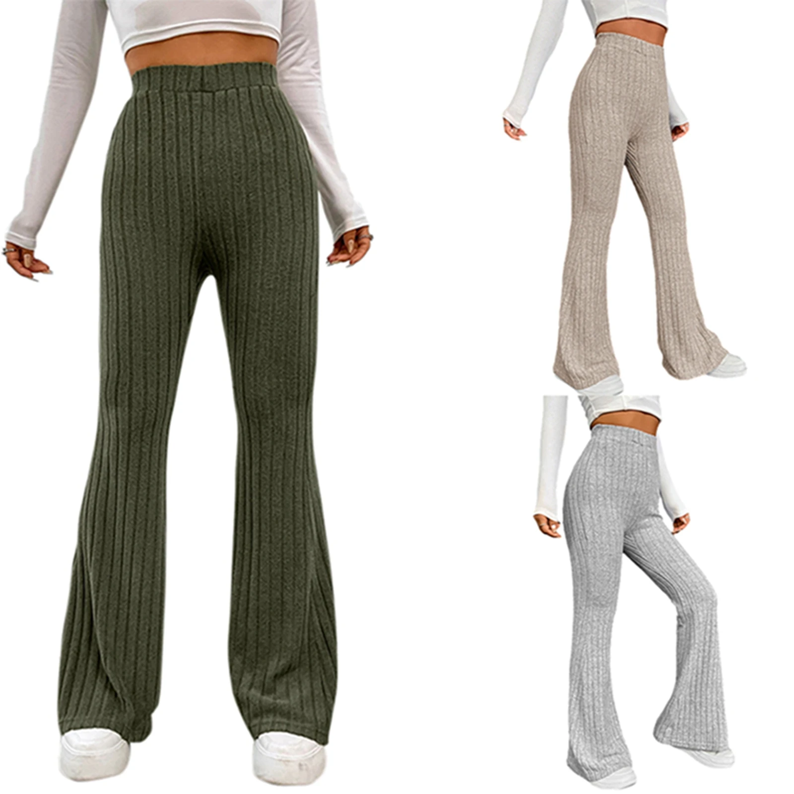 

Women Casual High Waist Flared Pants Solid Color Ribbed Bell Bottoms Elastic Bootcut Trousers Streetwear