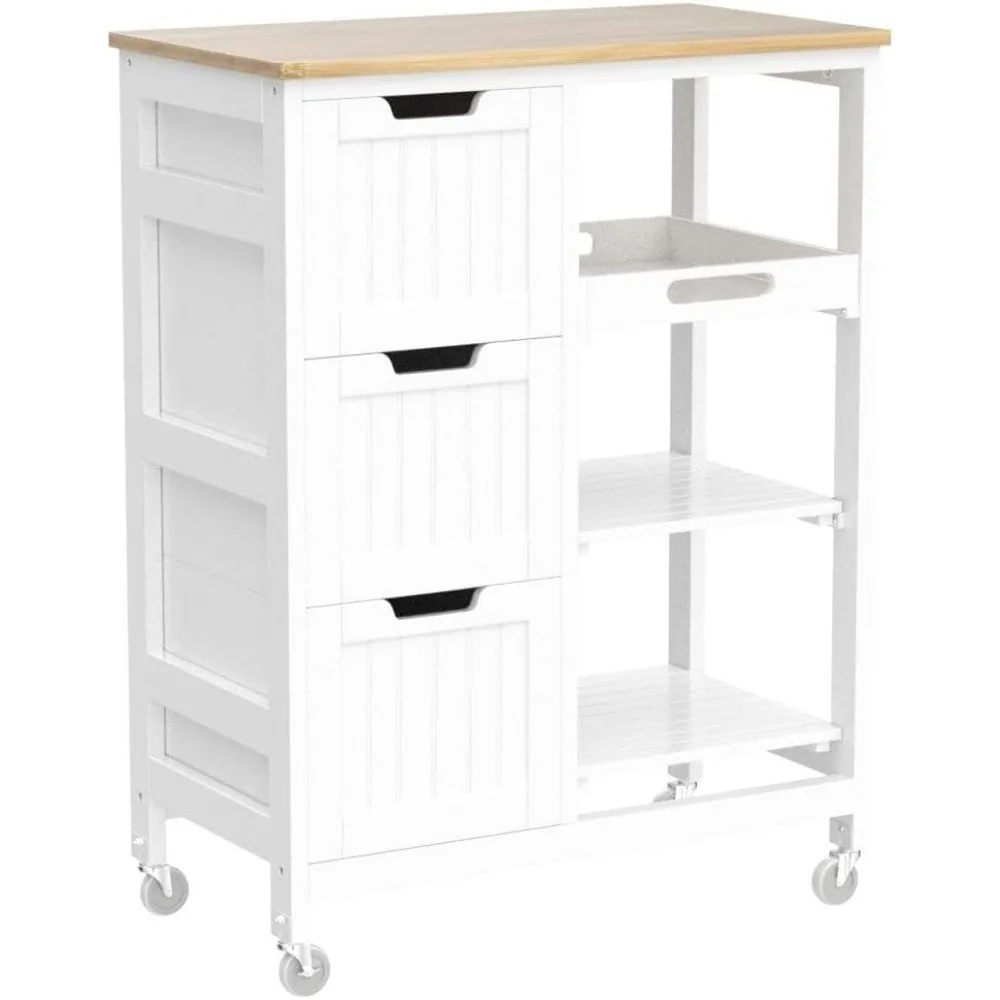 Kitchen island cart on wheels with bamboo countertop, 3 drawers, 3 removable shelves, lockable casters, storage cabinet 4