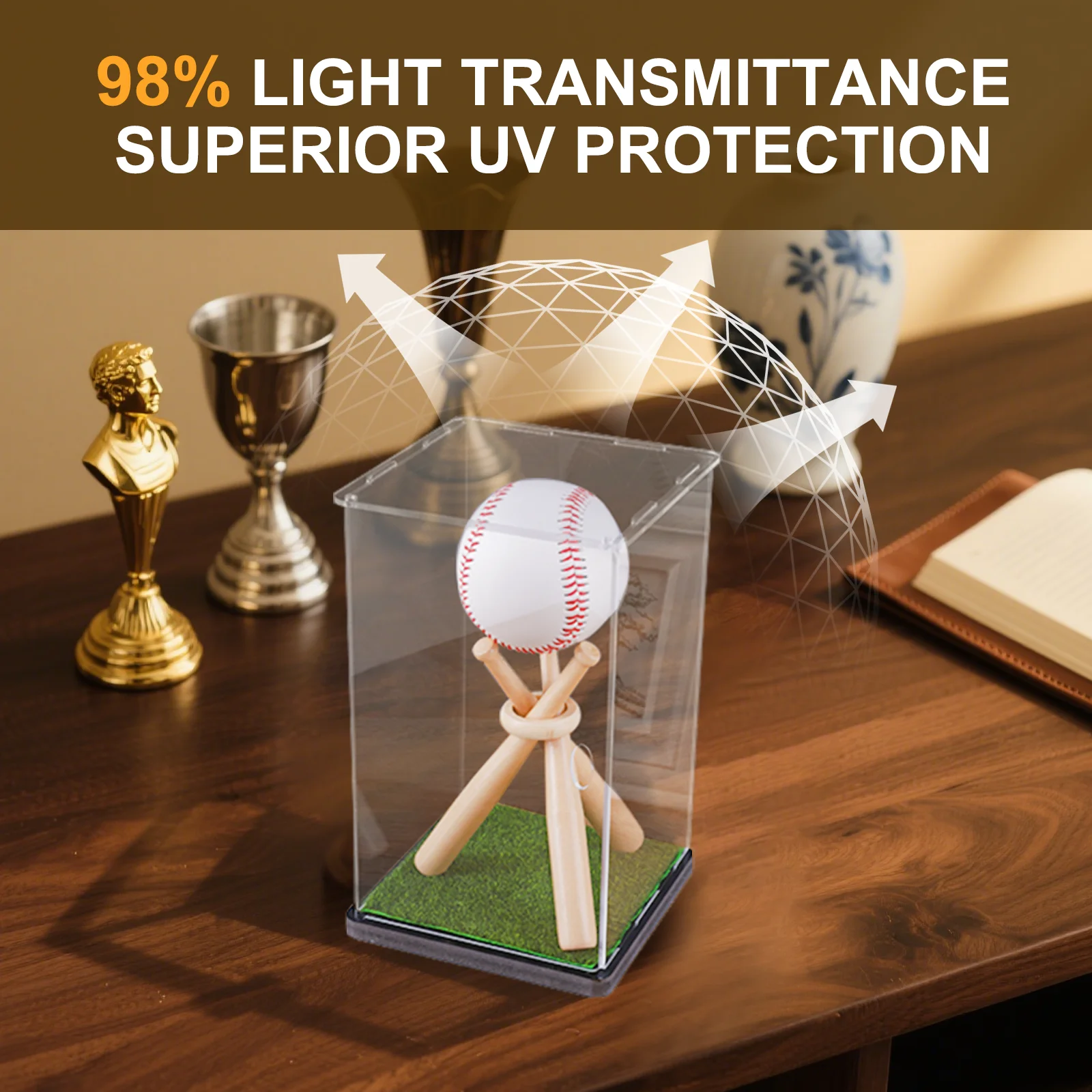 Baseball Display Case with Wood Stand Game Ball Holder Clear Acrylic Collectibles Box Gift for Autograph