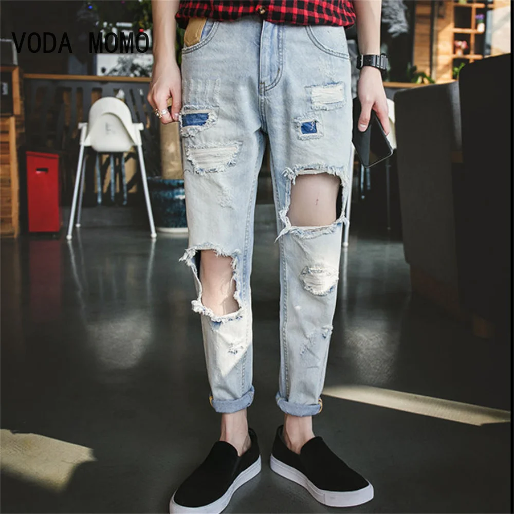 

New Skinny Jeans Men Streetwear Destroyed Ripped Jeans Homme Hip Hop Broken Modis Male Pencil Biker Embroidery Patch Pants