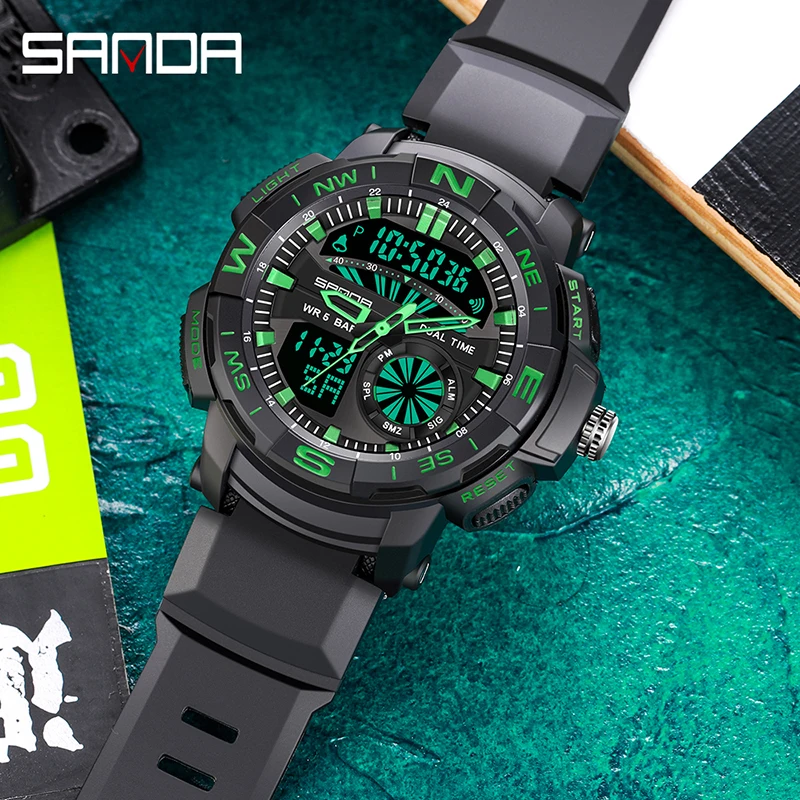 SANDA 2022 New Watches For Men 50M Waterproof LED Clock Alarm Reloj Hombre Dual Display Wristwatch Sport Military Quartz Watch