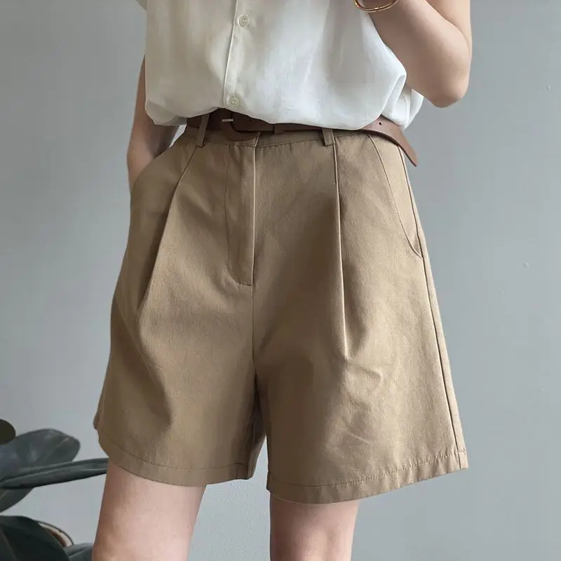 

2024 Summer Pure Cotton New High Waist A-Word Loose Wide Legs Shorts Fashion Commuting Solid Color Five Part Pants