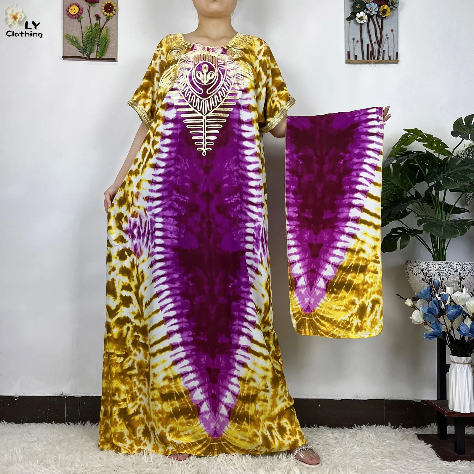 2023 New Dubai Muslim For Women Short Sleeve Printed Cotton Islam Turkey Femme Loose Robe African Abayas Dress With Headscarf