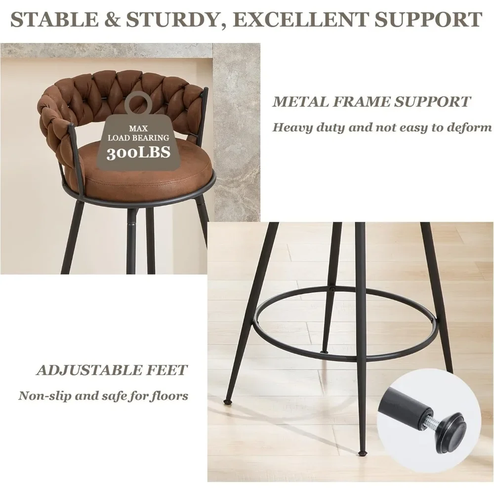 Swivel Bar Stools, Modern Counter Height Bar Stools with Woven Back, Upholstered Suede Tall Barstools for Kitchen Island
