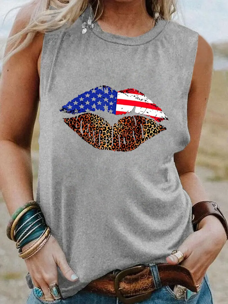 

Leopard Lip Flag 4th of July Sleeveless Tshirt July 4th Shirt New Arrival Women Funny Summer Casual Sleeveless Top Holiday Top