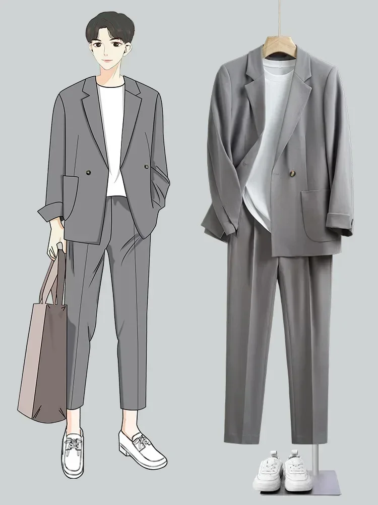 

Japanese Casual Suit Set, Men's Loose Fitting Korean Version Suit Jacket, Solid Color Loose Fitting Fashionable Men's Clothing