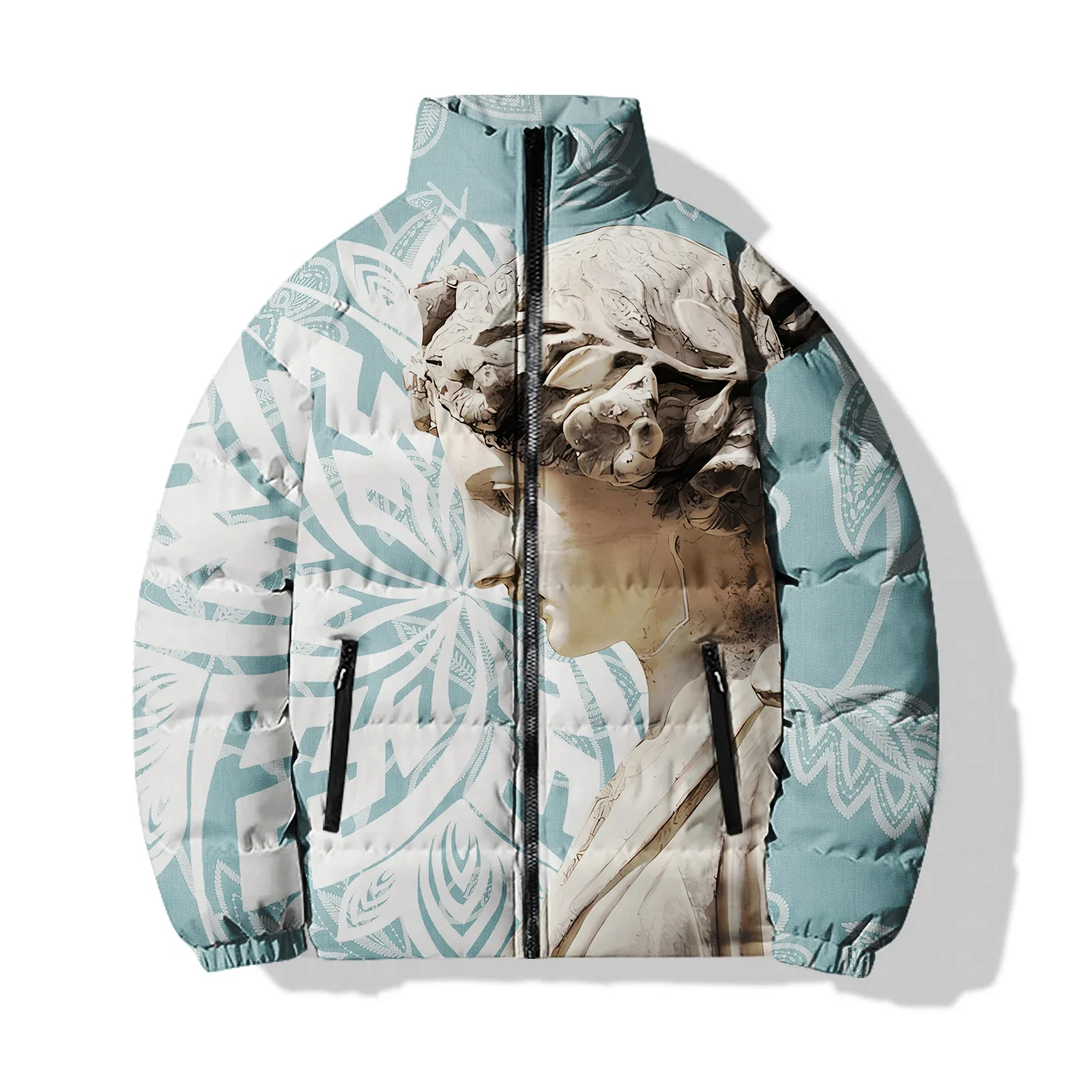 thumbnail image 1 of Abrigo de invierno moderno y versátil para hombre, ropa de algodón con estampado de esculturas personalizadas, chaquetas cómodas y cálidas, parkas para hombre, 1 of 4