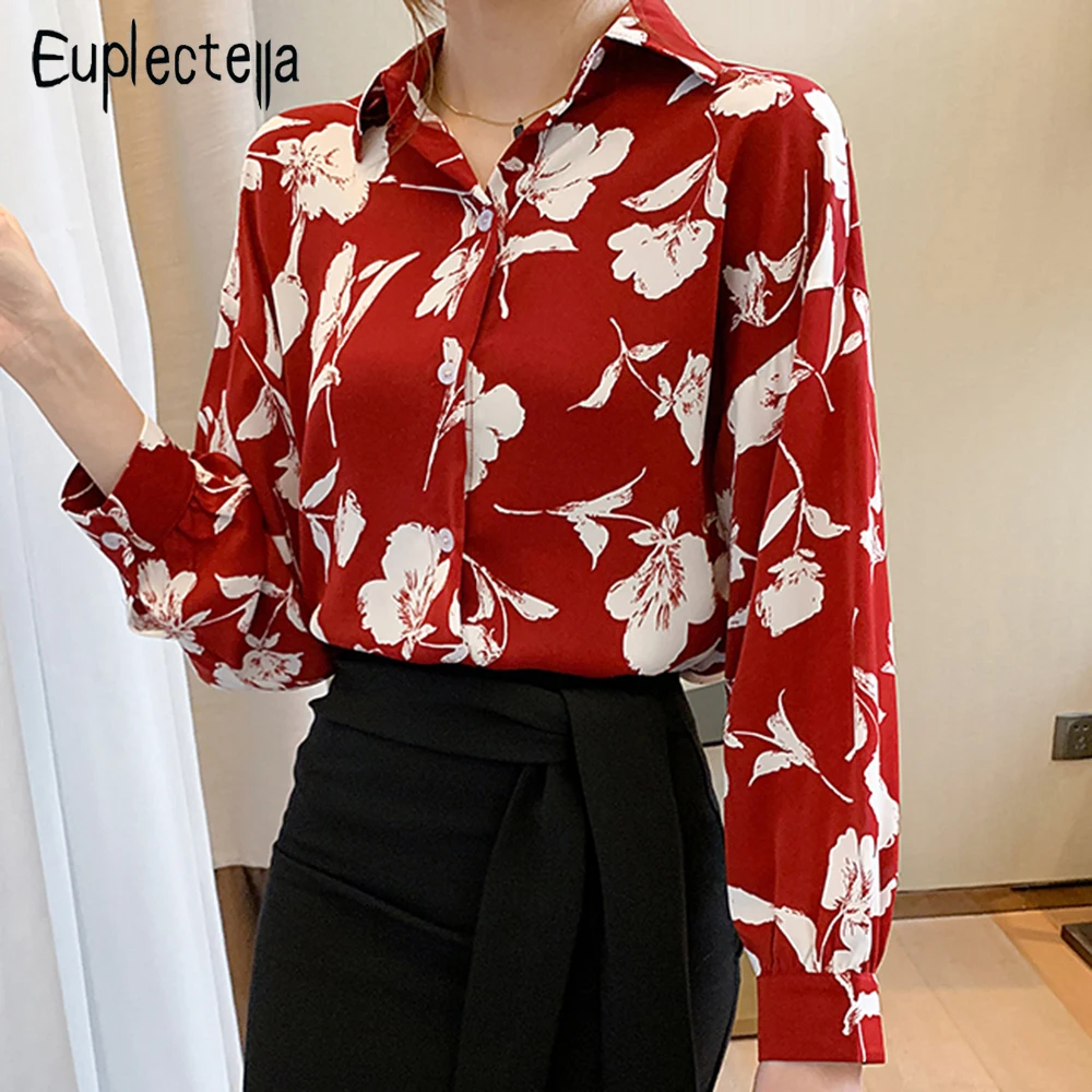 

Euplectella Shirts For Women 2022 New Fashion Simple Print Turn-down Collar Button Ladies Chiffon Blouses Full Sleeve Chic Tops