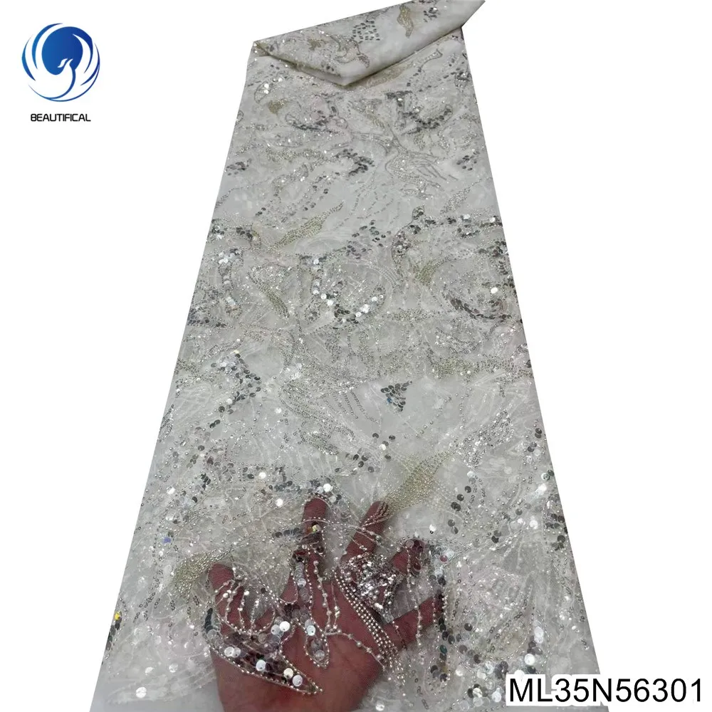 

New Women's Design Of High-Grade African Sequins Lace Fabric With French Heavy Beaded Ornament Evening Dress ML35N563