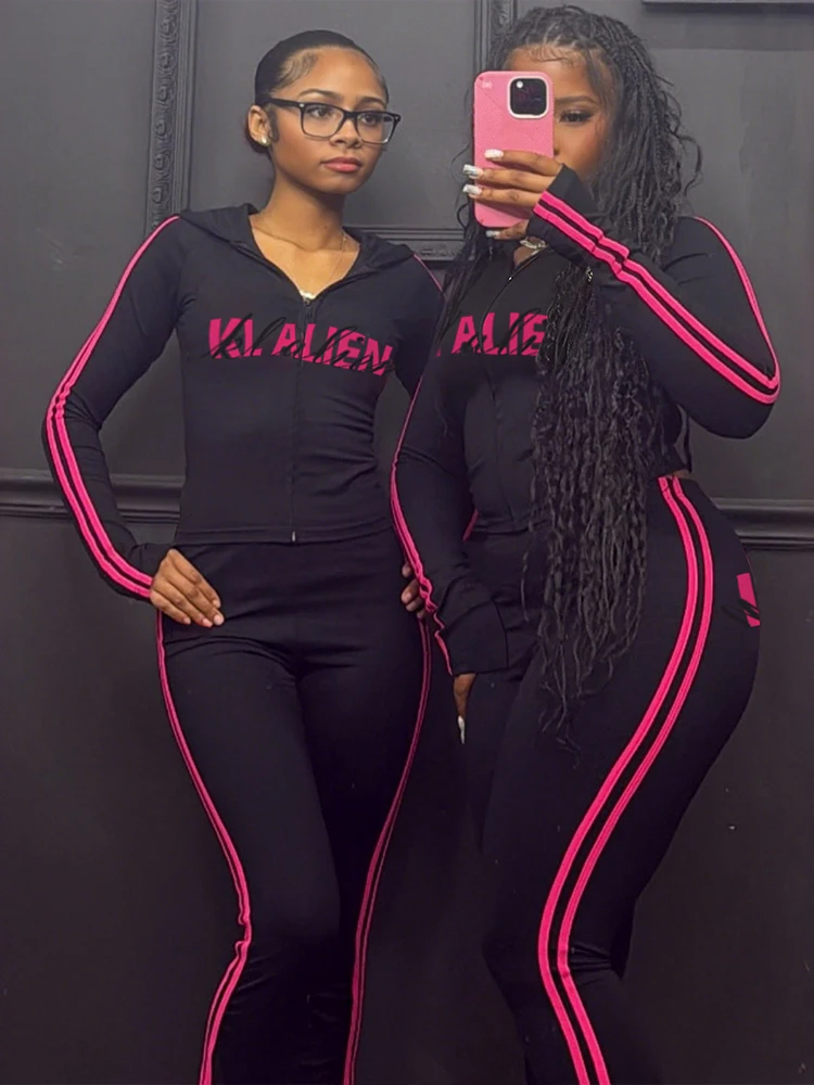 Nibber Sporty Stripes 2-Piece Set Women Zipper Letter Print Hooded Crop Tops+Pants Elasticity Fashion Autumn Casual Streetwear