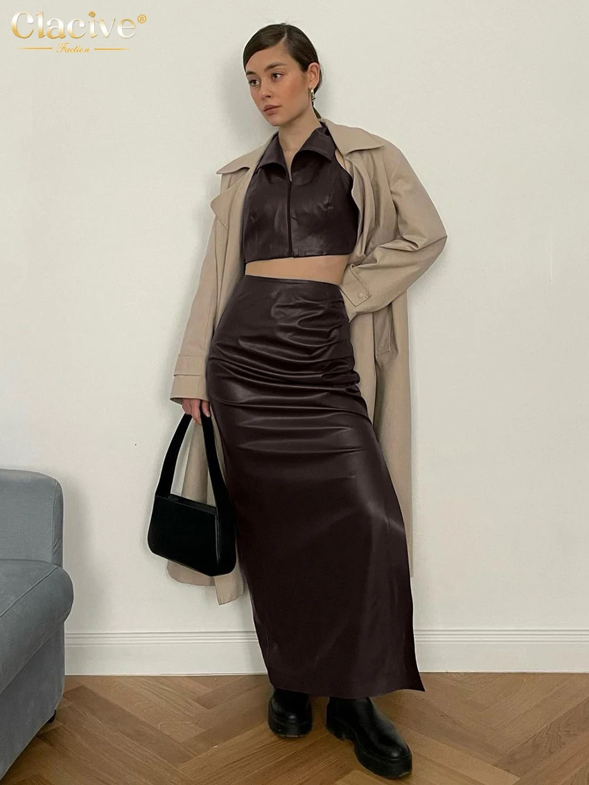 Clacive Bodycon Brown Pu Leather 2 Piece Sets Women Outfit 2024 Sexy Sleeveless Crop Top With High Waist Long Skirts Set Female