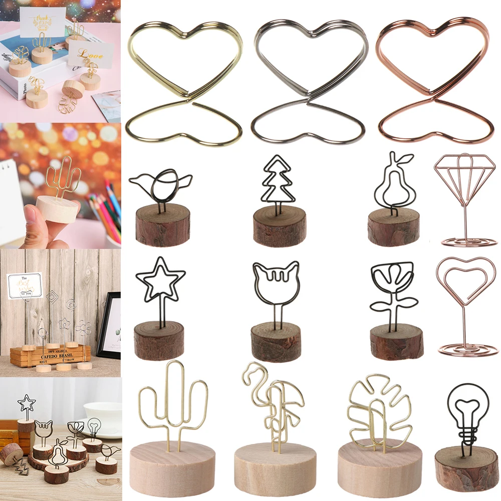 Wooden Base Photo Clip Picture Frame Iron Card Holder Home Desktop Ornament Message Folders Round Frame Decor Tools