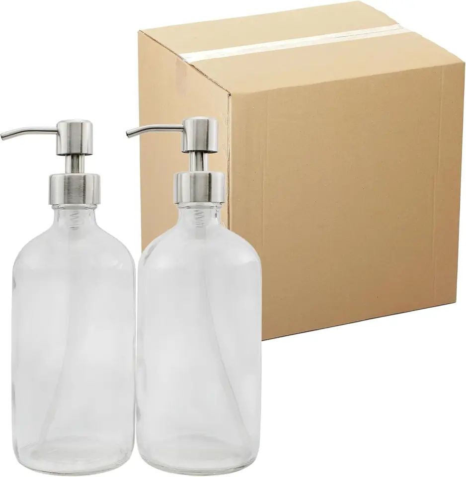 16 Ounce Clear Glass Bottles with Stainless Steel Pumps