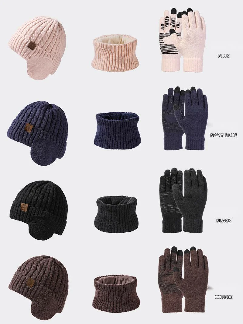 Nouveau bonnet tricoté en velours pour protection des oreilles, écharpe, gants pour écran tactile, combinaison chaude, bonnet en laine chaud d'extérieur pour hommes_voghion.com