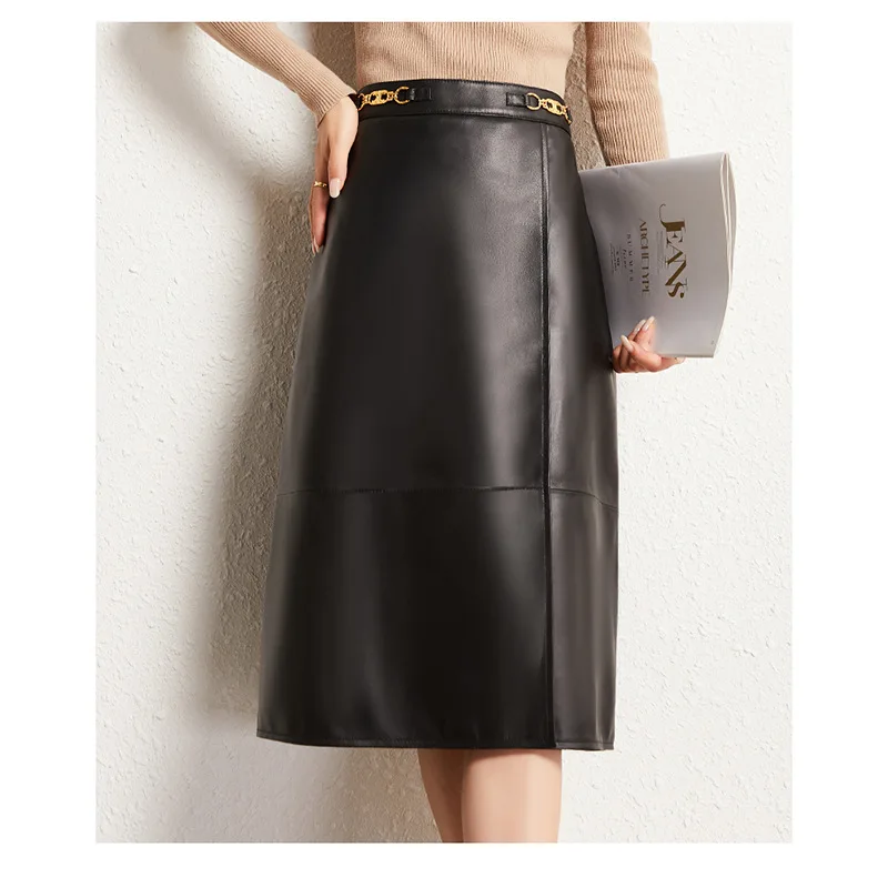 

Genuine Leather Skirt For Women's New Style, Elegant Commuting Style, Medium Length Skirt, Sheep Leather High Waisted A-Line Ski