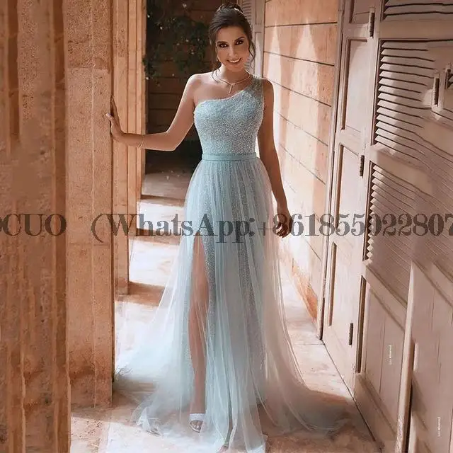 

Sky Blue One Shoulder Sequined Prom Dress High Split A Line Formal Evening Party Gown Arabic Floor Length robes de soirée