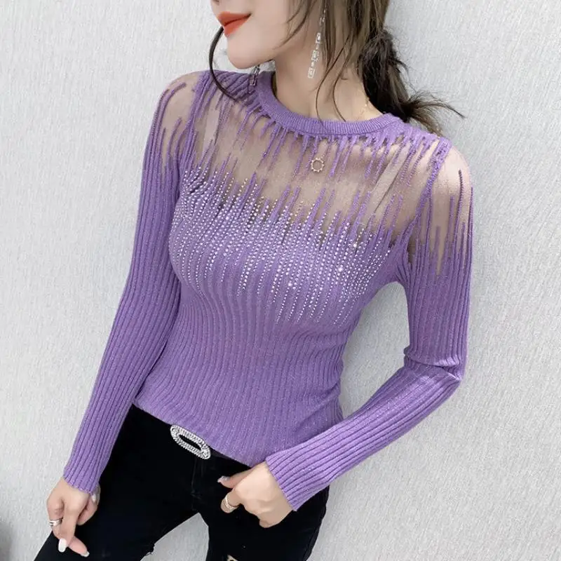 

2023 New Autumn O-Neck Long Sleeve Diamond Knit Sweater Women Slim Jumper Fashion High Stretch Lace Pullover Female Tops Q01