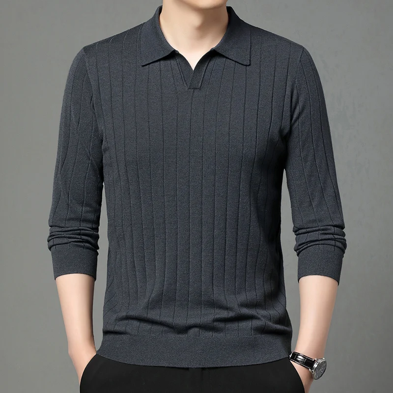 New Design Men's Sweater Polos 2024 Autumn Turn Down Collar Wool Blended Knit Shirts Long Sleeve  Jumper Pullover Knit Clothes 4