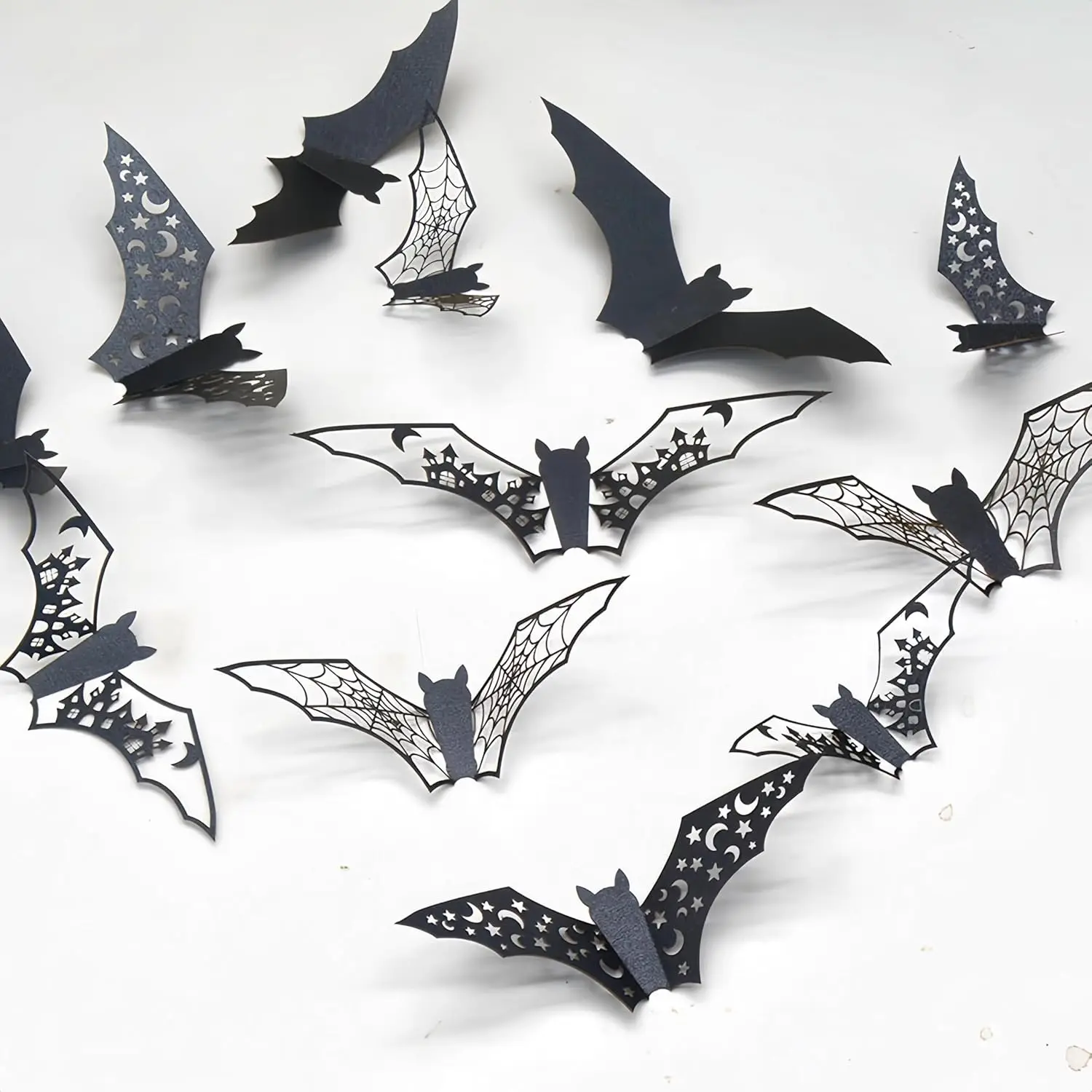 12 ~ 48 Stück Halloween-Dekoration, 3D-Hohlfledermaus-Wandaufkleber, schwarz, für DIY spannende Mottoparty, Horrorhaus, gruselige Dekoration, TMZ – Detail 2
