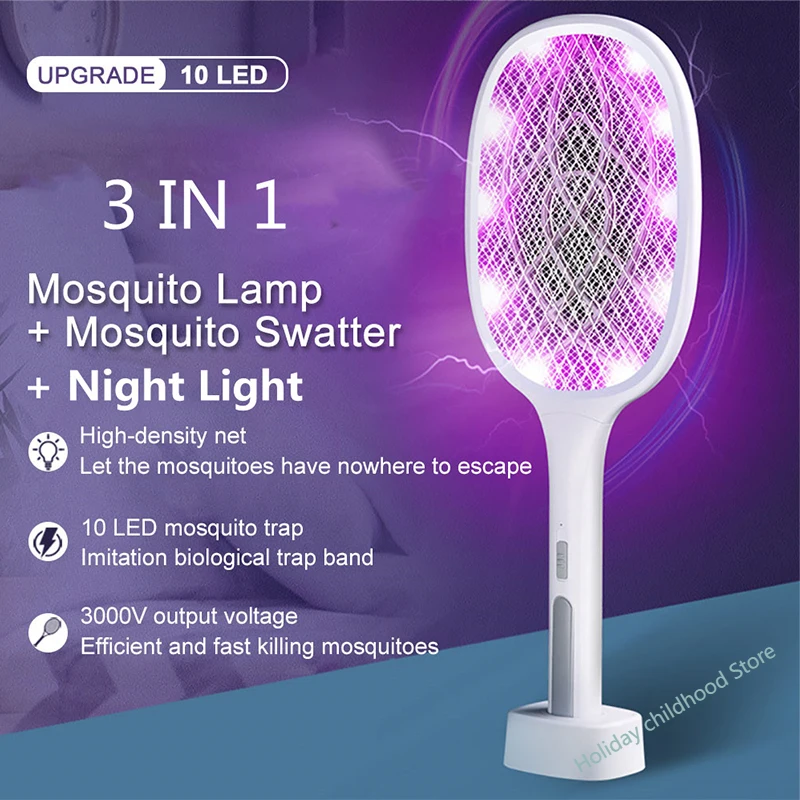 10Led Trap Mosquito Killer Lamp Electric Flys Swatter Usb Ricaricabile Summer Mosquito Trap Racchetta Anti Insetto Bug Zapper 3000V
