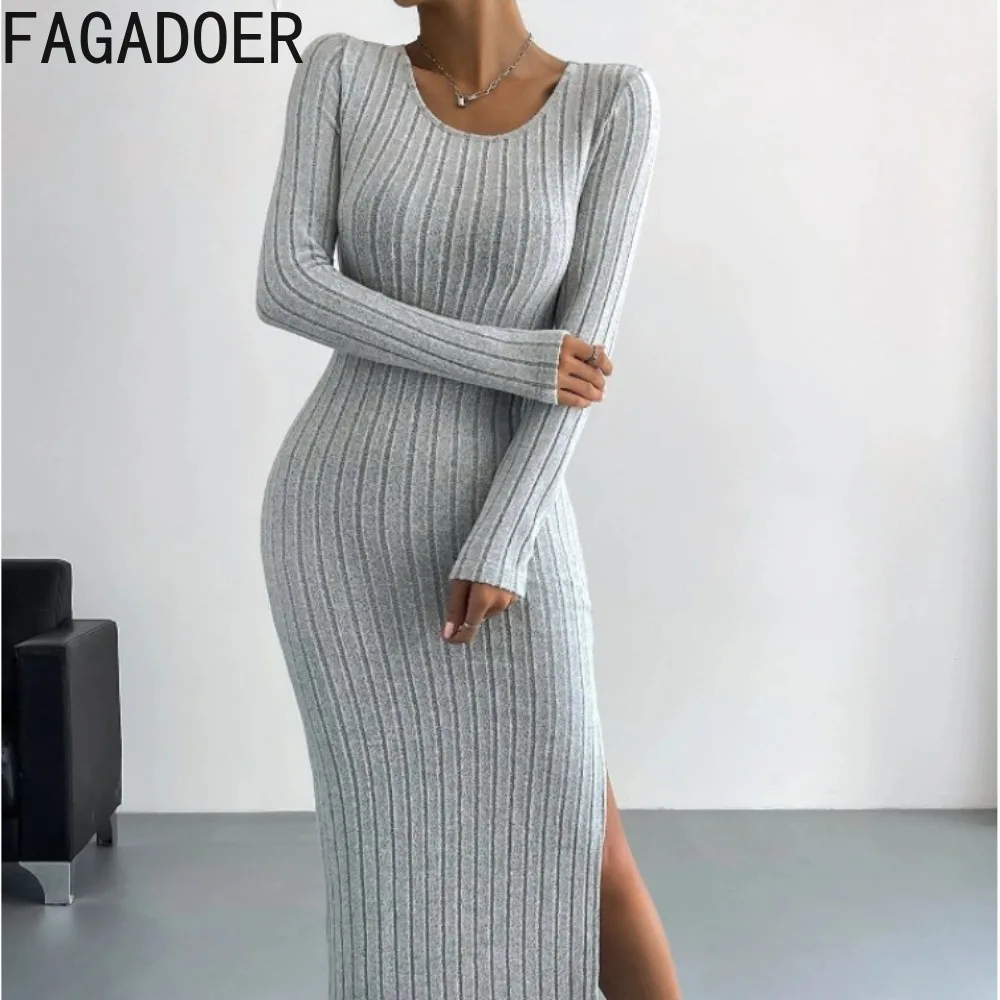 

FAGADOER Fashion Solid Color Ribber Bodycon Slit Dresses Women Round Neck Long Sleeve Slim Knitting Vestidos Casual Home Clothes