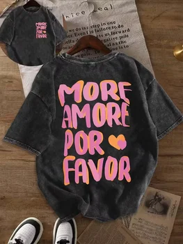 MORE AMORE POR FAVOR Graphic Print Round Neck Short Sleeve Retro Casual Daily Washed T-Shirt Top Men Women Unisex Casual Tops 1