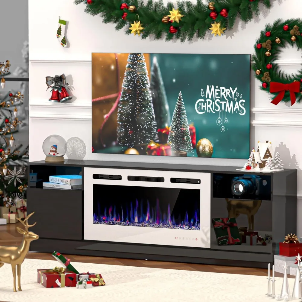 70inch Fireplace TV Stand for TVs Up to 80" with 36" Electric Fireplace,TV Console for The Living Room,Media Console Table，Black 2