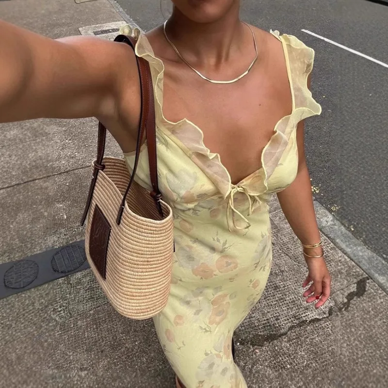 Flower Printed Women' Sexy Low-cut Dress Sleeveless Backless Slim Sling...