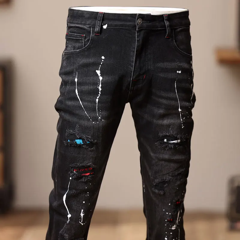 Fashionable street clothing men's painted jeans retro black gray elastic slim fit retro slit jeans men's designer hip-hop pants