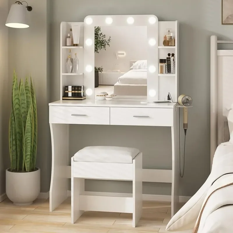 Description Picture 2 of itemMakeup Vanity with Power Strip,Dressing Table Set with 2 Large Drawers,Vanity Mirror 3 Lighting Color Adjustable,White