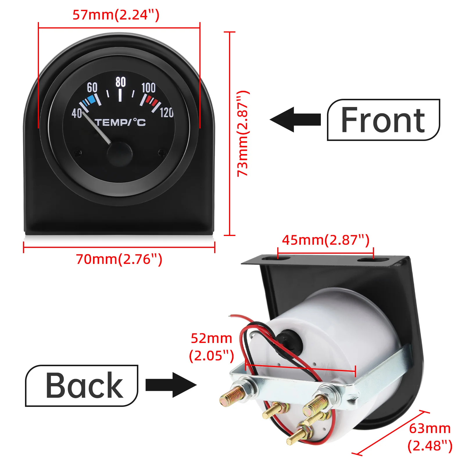 휘발유 차량용 12V 2인치 52mm 수온계 40120도 섭씨 온도계 센서 1/8NPT 자동차 계기 LED 라이트 블랙 쉘