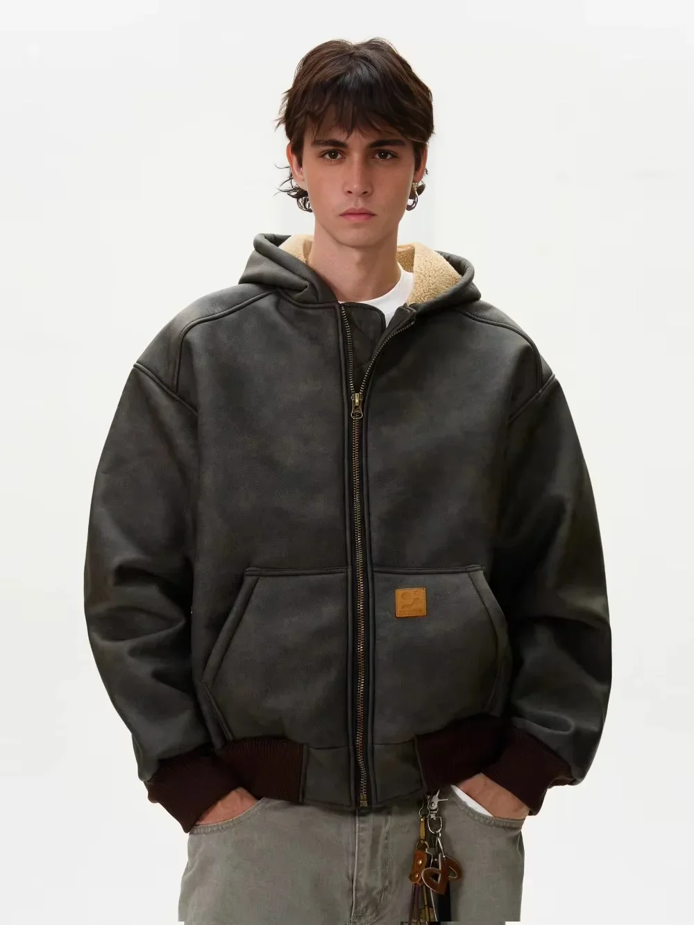 Tung Sung Heavy and Old Fur Integrated Hooded Jacket for Men Loose Casual Thickened Velvet Y2k Coat Men Winter 3