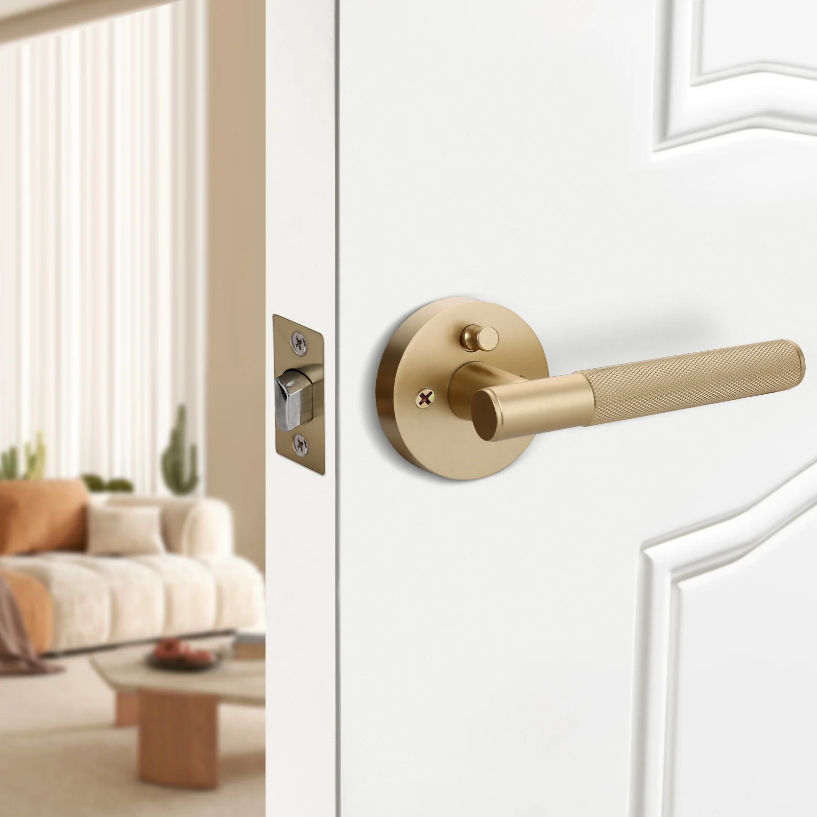 Viladepot Privacy Door Handle Knurled Handle Lever Painted Matt Gold Bedroom Bathroom Passage Door Lock Reversible Keyless