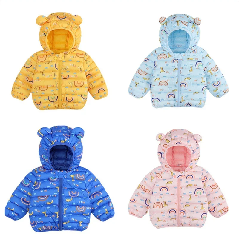 Baby Cartoon Print Down Jackets For Girls Boys Autumn Winter Warm Hooded Coats Children Clothes Infant Thin Outerwear 1-5 Years