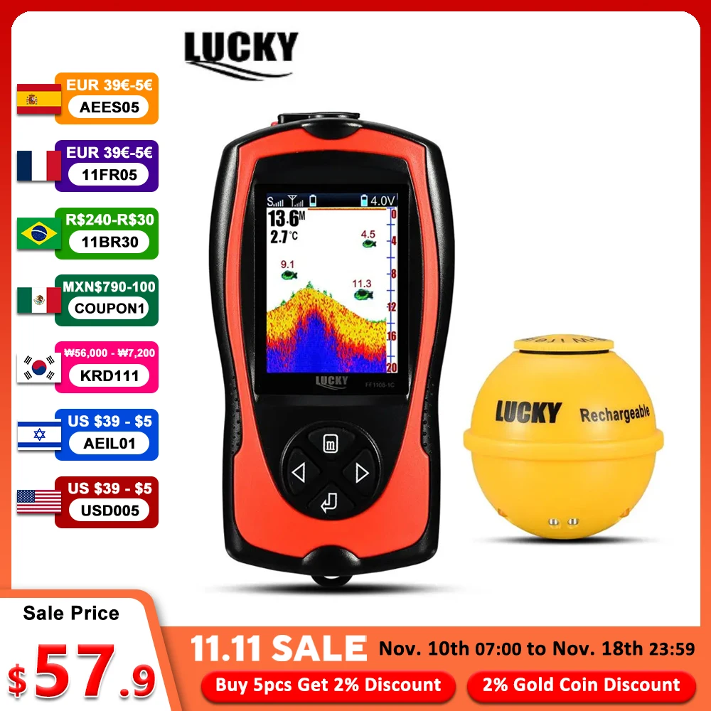 Fish Finder LUCKY FF1108-1CWLA Rechargeable Wireless Remote Sonar 45M Water Depth Echo Sounder For Fishing