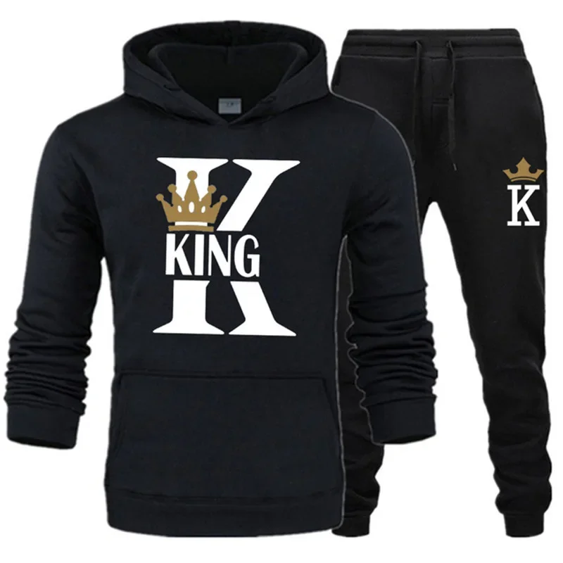 Autumn and Winter Men and Women Hooded Hoodie Set KING QUEEN Loose Hooded Printed Couple Suit Sportswear Sports Suit