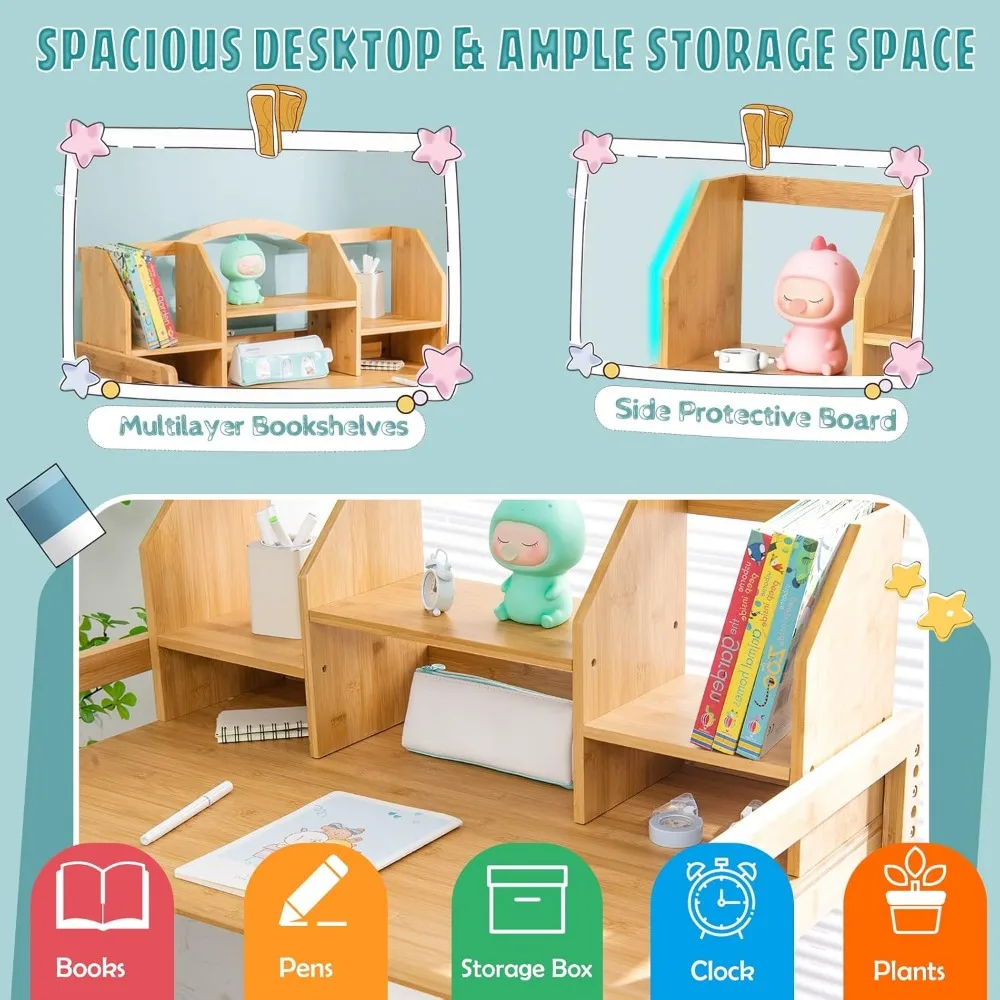 Kids Desk and Chair Set, Height Adjustable Bamboo Desk with Storage Hutch, Student Writing Computer Workstation for Bedroom 4