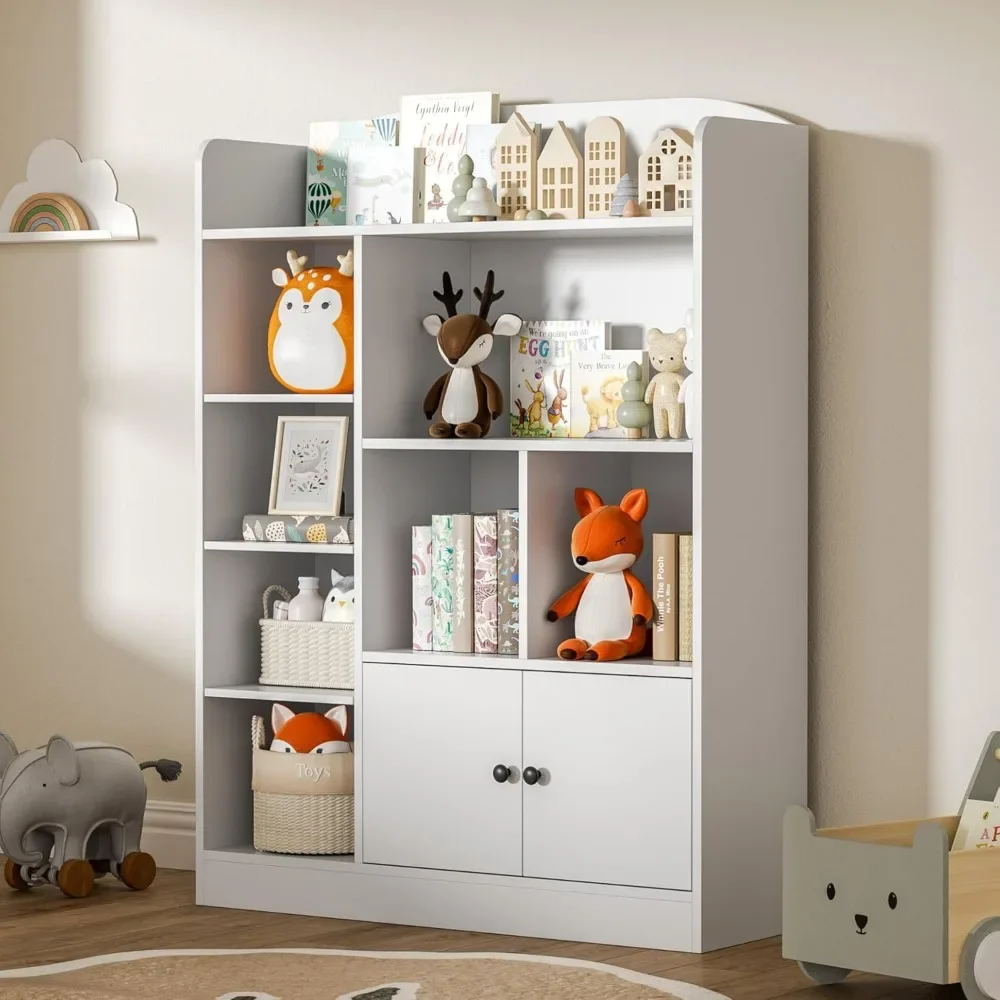 White Kids Bookshelf, Kids Bookcase with 7 Cubbies and 2 Cabinets, Freestanding Book Storage Shelves for Bedroom 3